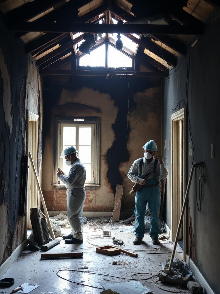 Crew renovating a fire-damaged home interior