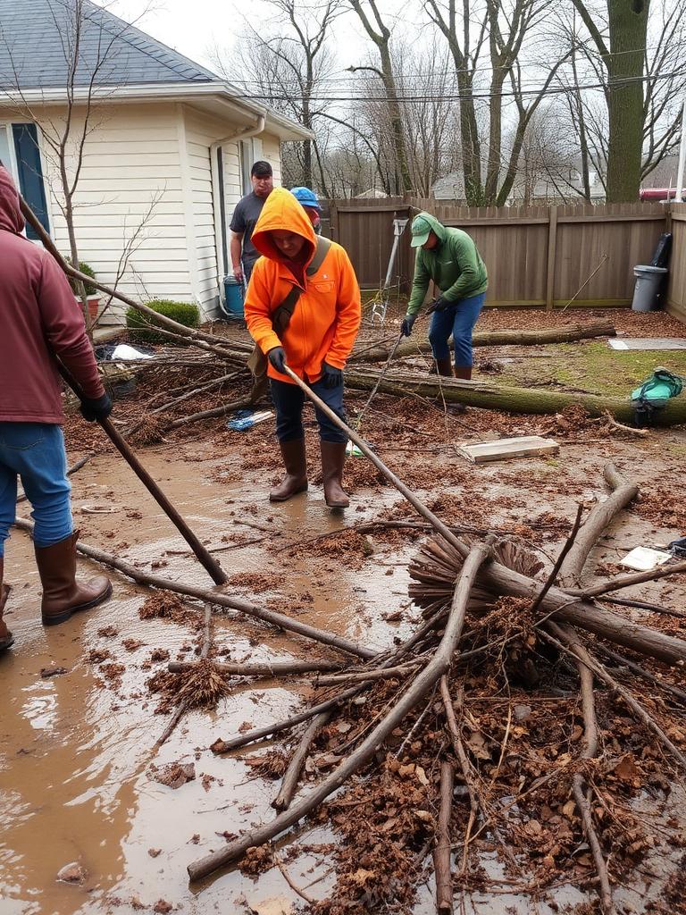Workers clearing flood debris from a backyard